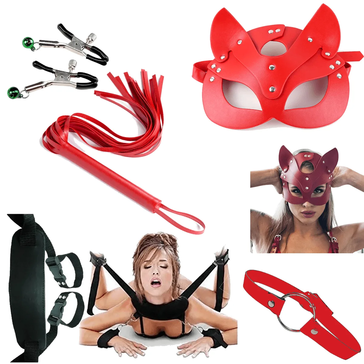 Kit Sado Bondage + Arnes Amarre de Cuello + Latigo + Mordaza + Pinza de Pezones (5 Articulos) - Imagen 3